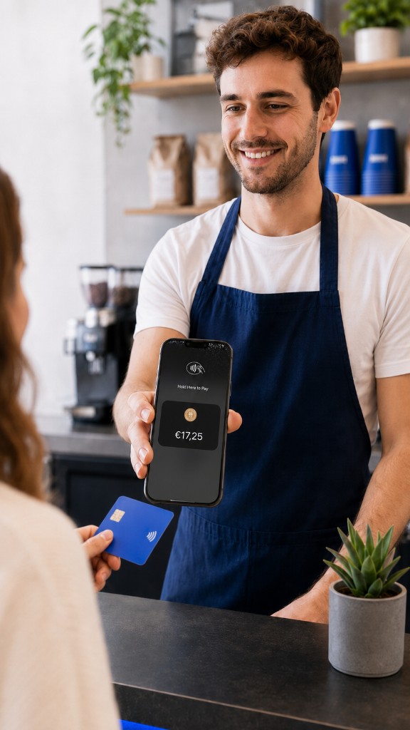 Im Café wird mit dem iPhone kassiert – der Kunde hält die Karte an das Gerät