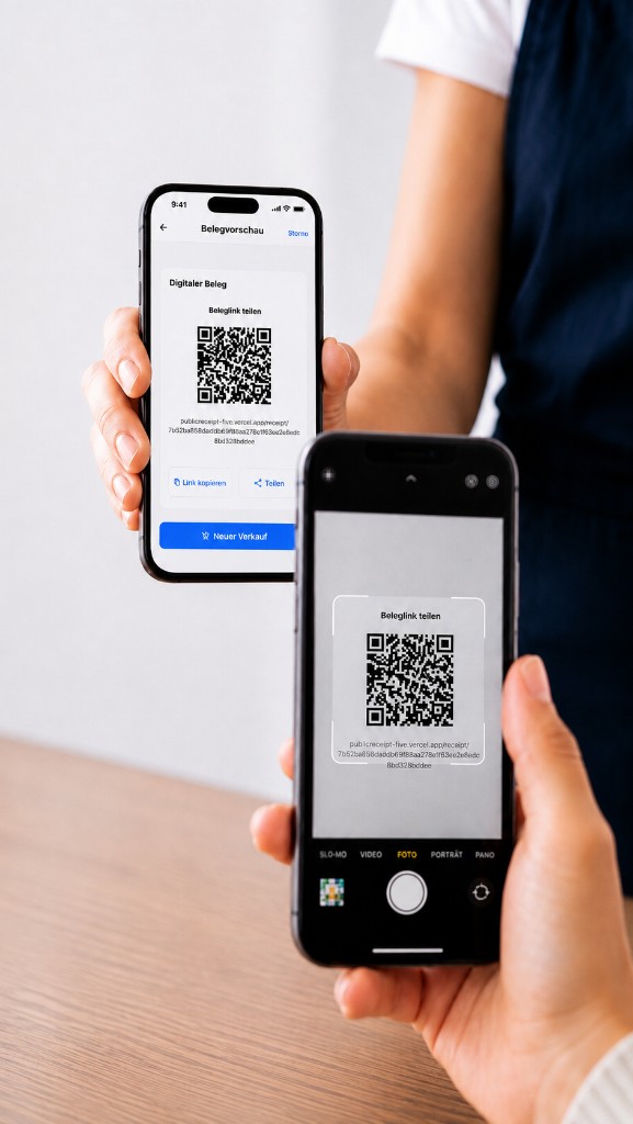 Der Beleglink wird als QR-Code am iPhone gezeigt und vom Kunden mit dem eigenen iPhone abgescannt