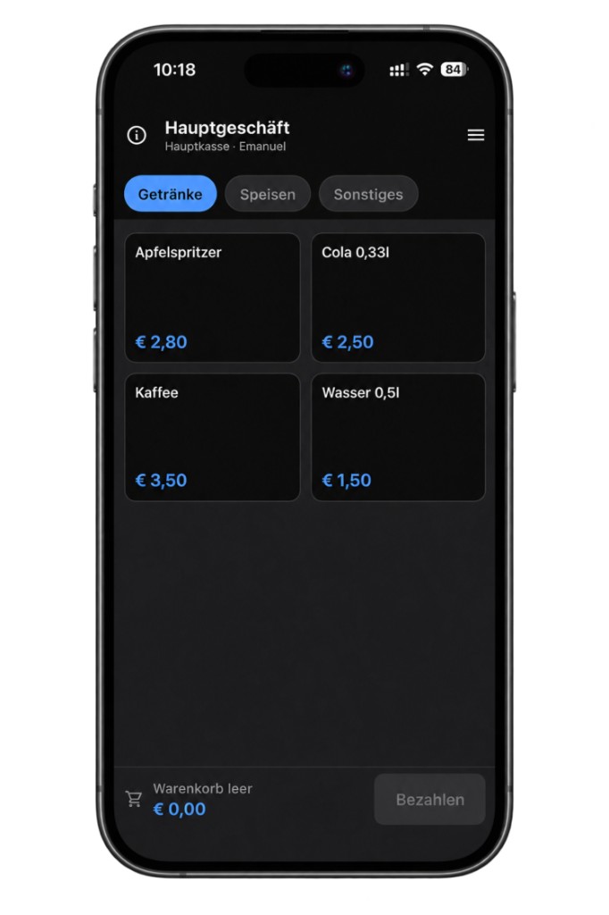 TopPos Kasse mit Produktkarten auf dem iPhone